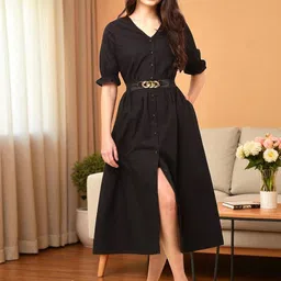 SQew V-Neck Puff Sleeves Slit Belted Cotton A-Line Midi Dress-picture-19