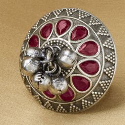 Priyaasi Silver-Plated Stone Studded & Beaded Oxidized Kemp Finger Ring-16