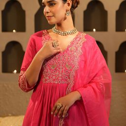Indo Era Floral Yoke Design V Neck Zari A-Line Kurta & Trousers With Dupatta-picture-22