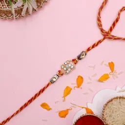 Aapno Rajasthan American Diamond Studded Swastik Mauli Thread Rakhi With Greetings Card-5