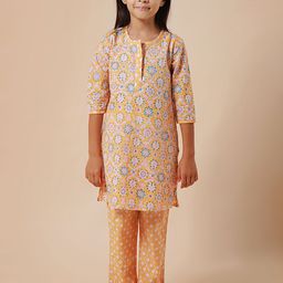Sangria Girls Block Printed Pure Cotton Straight Kurta & Trousers-image-88