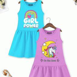 HERE&NOW Girls Pack Of 2 Cotton Printed Sleeveless Drop-Waist Dress-image-52