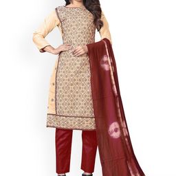 HERE&NOW Floral Embroidered Thread Work Silk Unstitched Dress Material-image-59