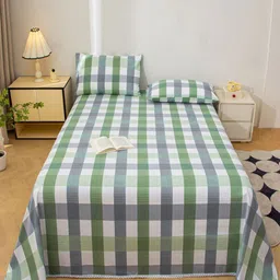 JC HOME Green & Grey Checked 140 TC Fitted Queen Bedsheet Set 2.00 m x 2.30 m-15