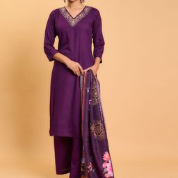 KALINI Floral Embroidered Sequinned Pure Cotton Straight Kurta with Trouser & Dupatta-image-56