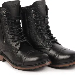High Ankle Genuine Leather Lace Up Buckle Strap Cap Toe Anti Skid Sole Flat Boots For Men-image-25