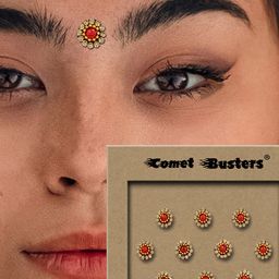 Comet Busters Red & Gold-Toned Embellished Reusable Designer Bindis - 10 Pcs image 2