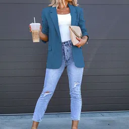 StyleCast Blue Notched Lapel Three-Quarter Open Front Blazer image 3