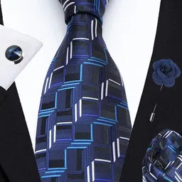 AXLON Men Printed Tie Set With Pocket Square, Cufflink & Flower Pin image 5