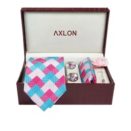AXLON Men Geometric Design Tie Set With Pocket Square-Cufflink & Flower Pin image 5