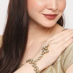 OOMPH Women Gold-Toned & White Kundan Handcrafted Ring Bracelet-52