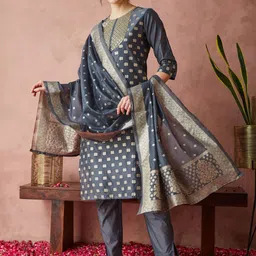RAJGRANTH Women Regular Sequinned Chanderi Silk Kurta with Trousers & With Dupatta image 1