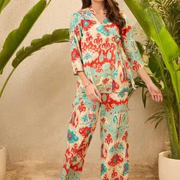 IMANA Ikkat Printed Pure Cotton Mandarin Collared Top With Trousers Co-Ords-13