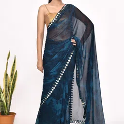 Manu Designer Floral Mirror Work Pure Chiffon Saree image 2