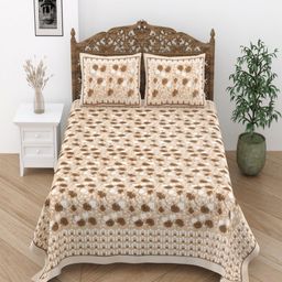 Desi Mantra Brown Floral 120 TC Queen Bedsheet with 2 Pillow Covers-image-71