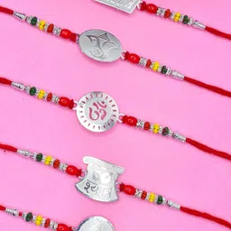MEIRA JEWELLERY Set Of 5 Religious Om & Veera Rakhis With Greeting Card & Roli Chawal-5