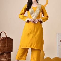 Sangria Floral Yoke Design Round Neck Sequinned Straight Kurta With Trouser-13