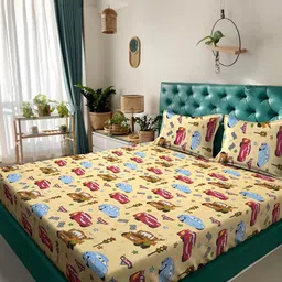 KLOTTHE Yellow Cartoon Characters Printed 400 TC Cotton King Bedsheet Set 2.50 m x 2.25 m-32