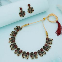Anouk Gold-Plated Artificial Stones Studded And Beaded Studded Necklace And Earrings-17