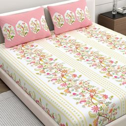 Dreamscape Cream-Coloured & Pink Floral Pure Cotton 200 TC King Bedsheet Set-2.49mX2.74m-image-38