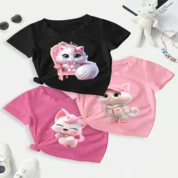 Knit Vey Girls Pack Of 3 Printed Rounc Neck Short Sleeves Cotton T-shirt-36