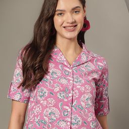 JANAKDULARI CREATION Floral Print Roll-Up Sleeves Cotton Shirt Style Crop Top-image-71