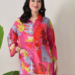 YELLOW PARROT Women Printed Shirt Collar Pure Cotton High-Low Top-image-28
