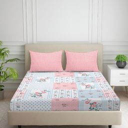 Nivasam White & Pink Floral Printed Cotton 400 TC Fitted King Bedsheet Set 1.98 m x 1.82 m-image-75