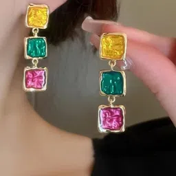 AKISON JEWELS Women Multi Gold-Plated Square Shaped Artificial Stones Drop Earrings-8