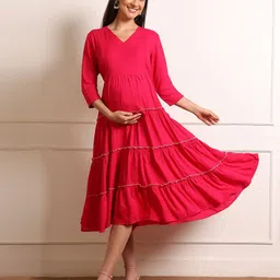 Aanyor Women Maternity Tiered V Neck A-Line Maxi Dress-picture-54