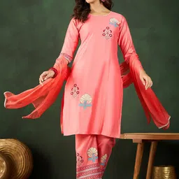 Sangria Floral Printed Chanderi Cotton Kurta with Trousers & Dupatta-54