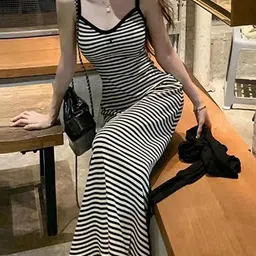 Outzidr Women Striped Midi Dress-image-92