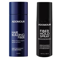 ADOMOUR Set Of 2 Hair Building Fiber - 27.5 g- Black & Hold Spray- 100 ml-18