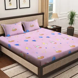 LITTLE GINNIE Pink & Blue Graphic 144 TC Queen Bedsheet with 2 Pillow Covers-31