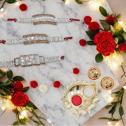 MEIRA JEWELLERY Set Of 3 Stones Studded Rakhi Comes with Roli Chawal & Greeting Card-3
