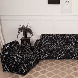 GIFTS ISLAND Black & White Printed Polyester 3 Piece Sofa Cover With Arms-image-91