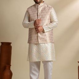 SOJANYA PLUS Men Plus Size Woven Design Embroidered Kurta with Pyjama & Nehru Jacket-image-43
