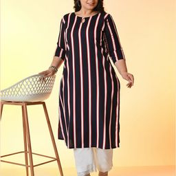 PrettyPlus by Desinoor.com Plus Size Striped Keyhole Neck Kurta image 5
