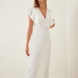 Happiness istanbul Ribbed Flutter Sleeve Plunge Neck Wrap Midi Dress-17
