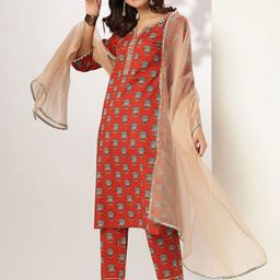 Janasya Women Floral Printed Regular Mirror Work Pure Cotton Kurta with Trousers & With Dupatta-image-70