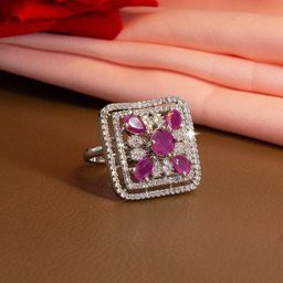 PRIVIU Silver-Plated American-Diamond Studded Adjustable Finger Ring-87