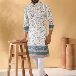 KRAFT INDIA LUXE Floral Embroidered Chikankari Mandarin Collar Kurta With Trousers-picture-38