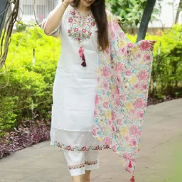 zinzraa Women Embroidered Regular Thread Work Chanderi Cotton Kurta with Trousers & With Dupatta-picture-3