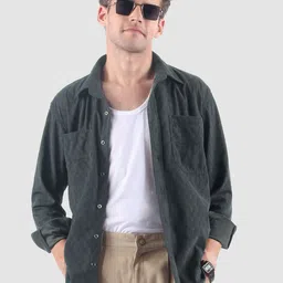 Beyoung Men Grey Lazer Cut Stripe Textured Corduroy Shirt-image-66