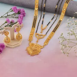 Anouk Set Of 3 Gold-Plated Stone-Studded & Beaded Mangalsutra With Earrings image 2