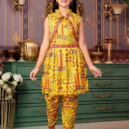 Sangria Girls Ethnic Motifs Printed Round Neck A-Line Kurti With Patiala And Jacket-image-18