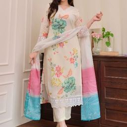 CREEPER Women Floral Embroidered Thread Work Organza Kurta With Trousers & Dupatta-83