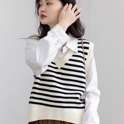HERE&NOW Women Striped Cotton V-Neck Sleeveless Sweater Vest-image-57