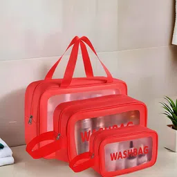 Kuber Industries Red & Transparent 3 Pieces Leather Makeup Kit Bags With Handle-19