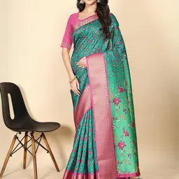 SSHAGUN LIFESTYLE Blue Self Design Checkered Printed Madhubani Cotton Silk Saree-picture-14